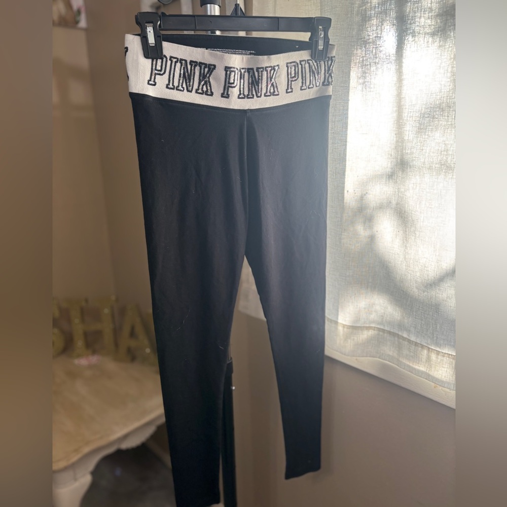 PINK Victoria's Secret Black Leggings with White Waistband